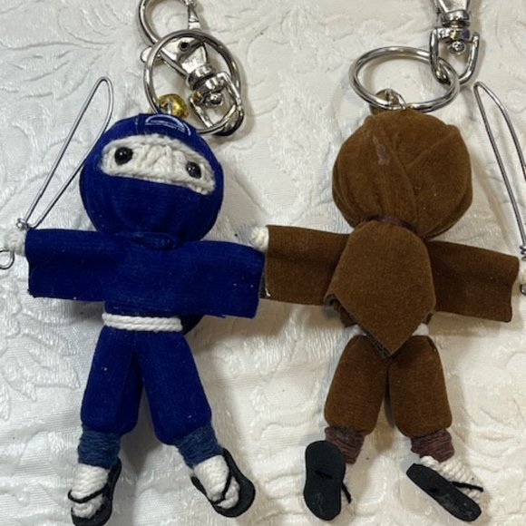 TWO Ninja String Doll Keychain Toys w/Swords Royal Blue/Brown 2.5" x 3" NEW - Picture 2 of 8